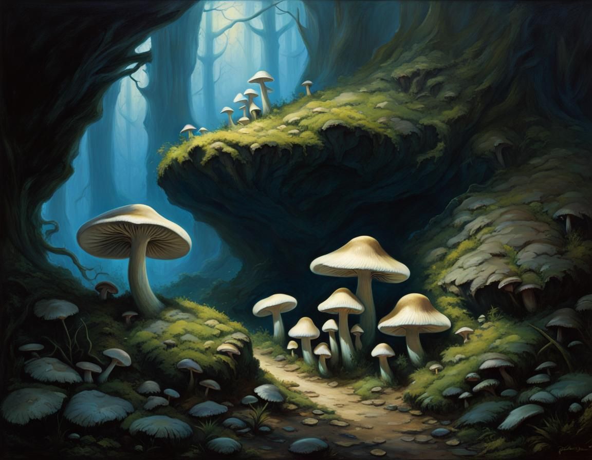 Glowing Mushrooms in Dark Fantasy Cave