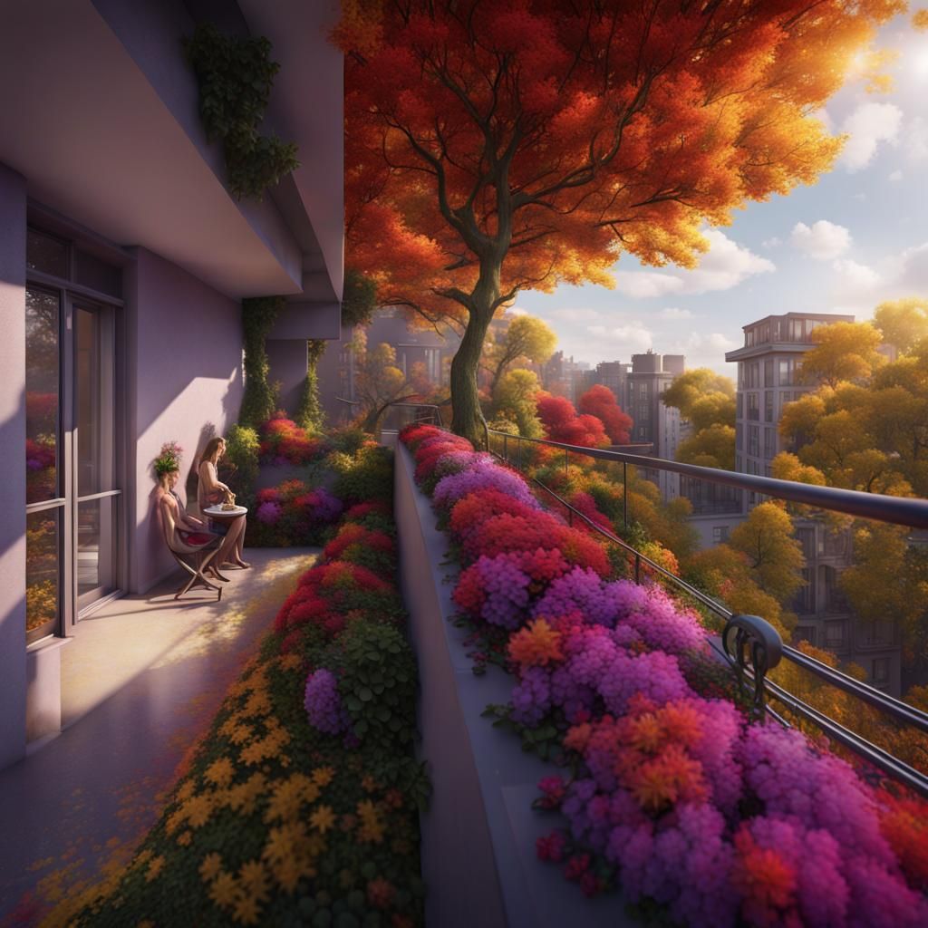 Leafy Rooftop Trees with Colorful Balcony Flowers