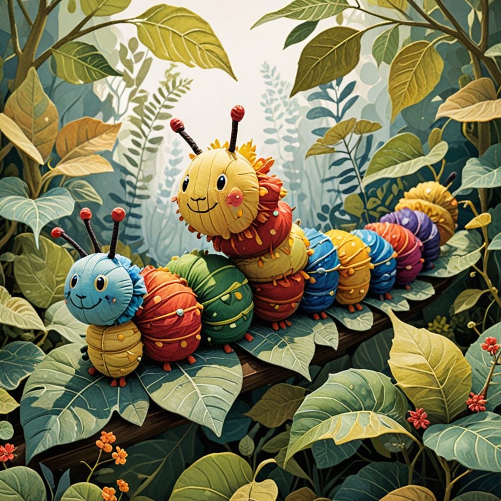 Whimsical Caterpillar Friends in a Vibrant Fabric World