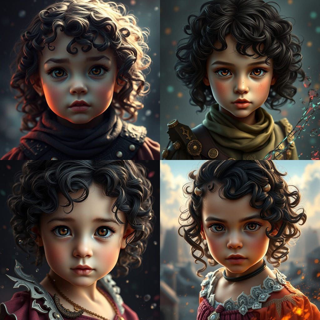 Surreal Baby Girl with Curly Hair in Vibrant Fantasy World