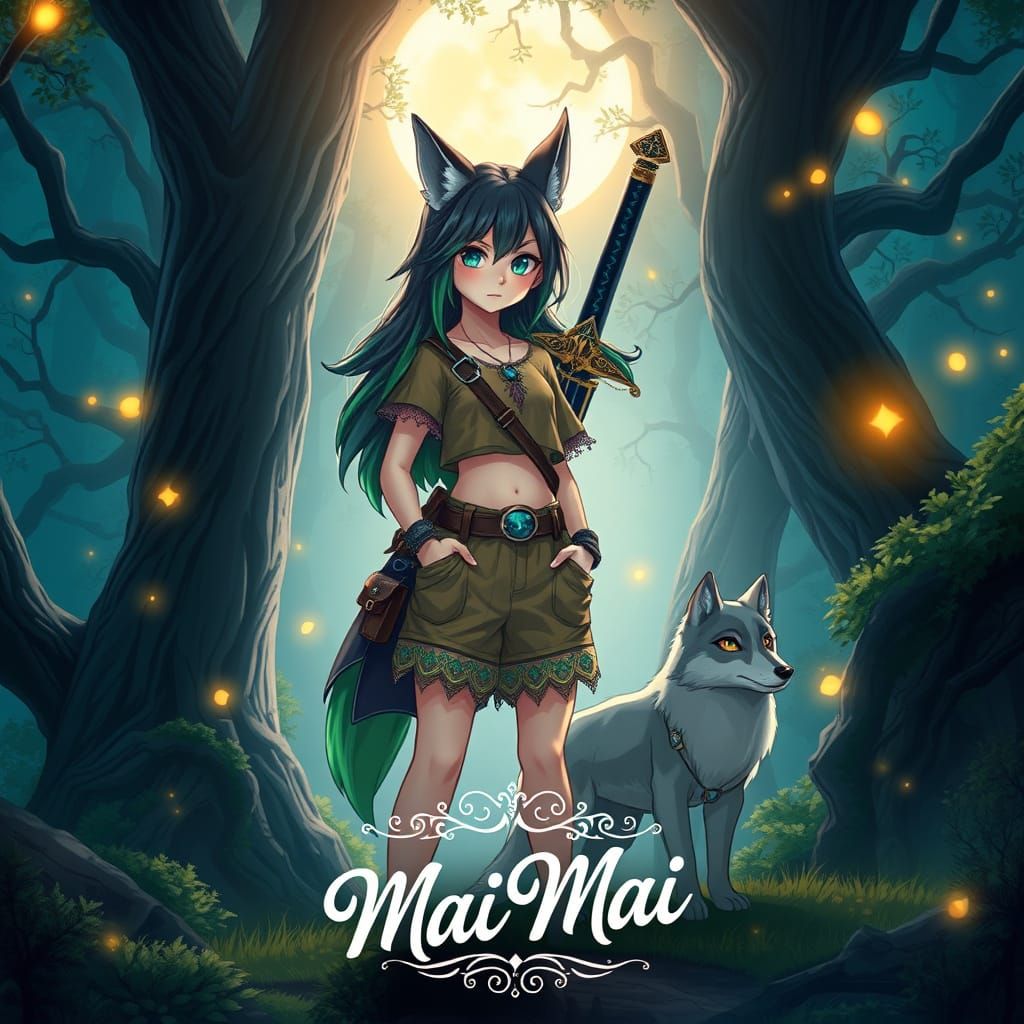 Wolf Goddess in Mystical Forest, Embroidered with Ancient Ma...