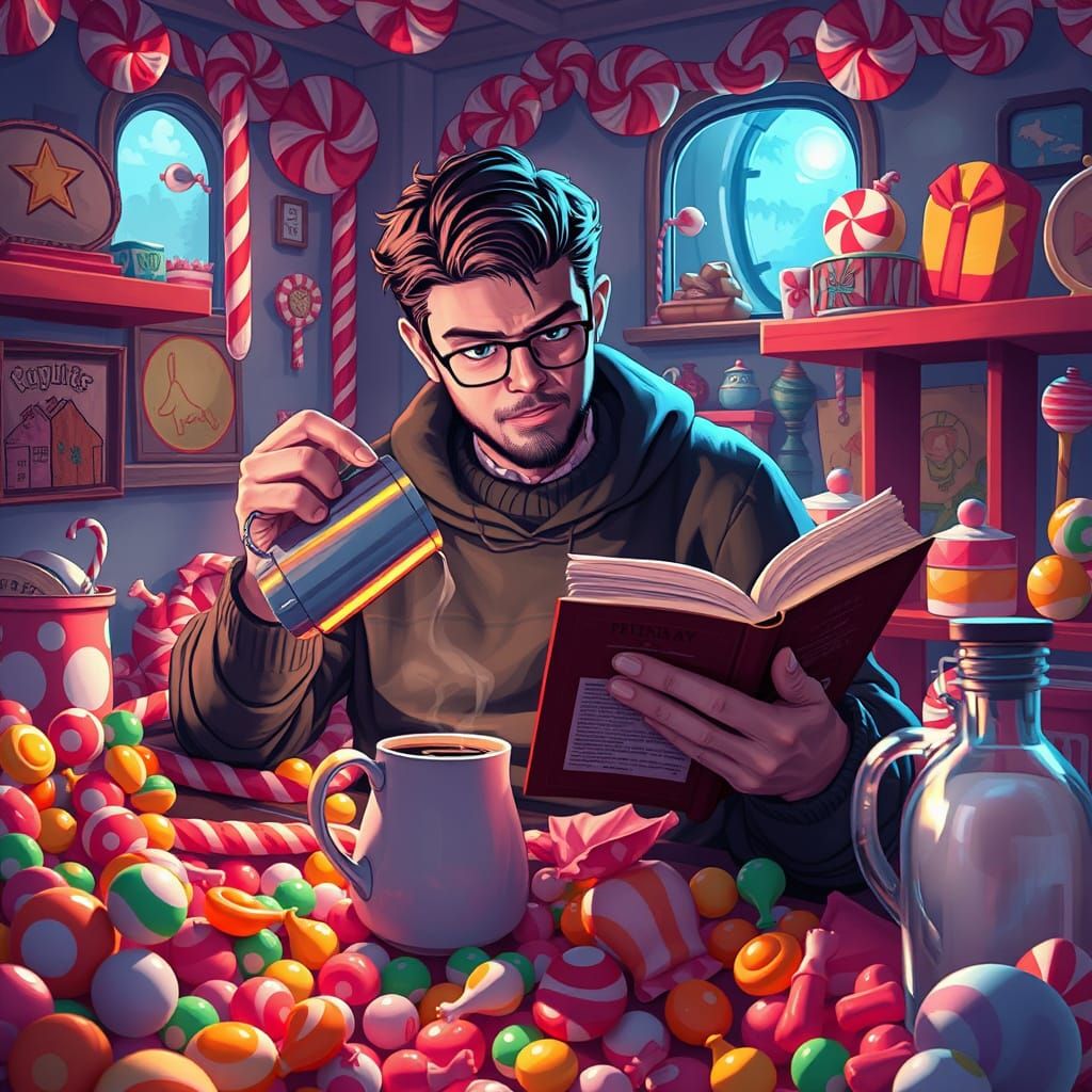 Whimsical Candyland Scene with Coffee and Novel