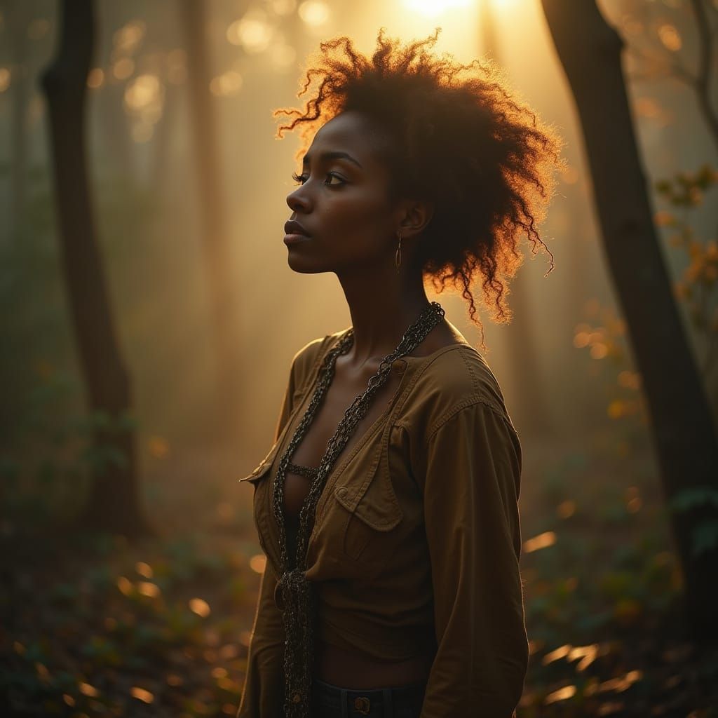 Woman in Glowing Forest: Dreamlike Illustration