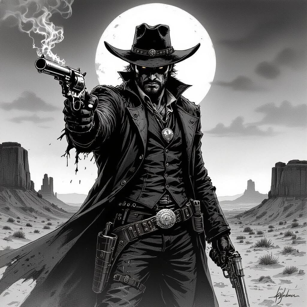Cursed Gunslinger in Desolate Canyon: Ink Art