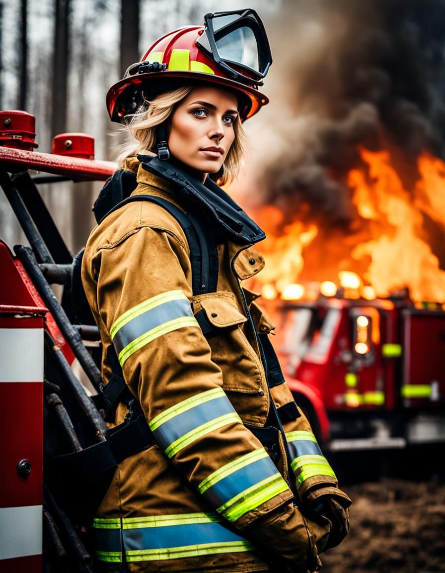 Young Firefighter in Burning Forest: Hyperrealistic Photo