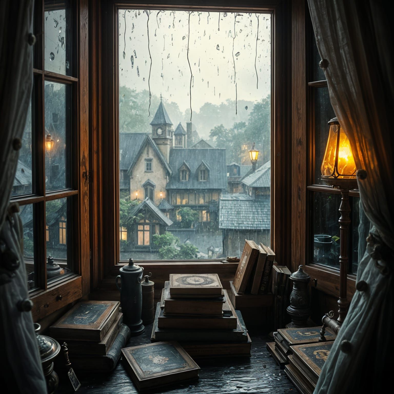 Rainy Village View Through Attic Window, Matte Painting