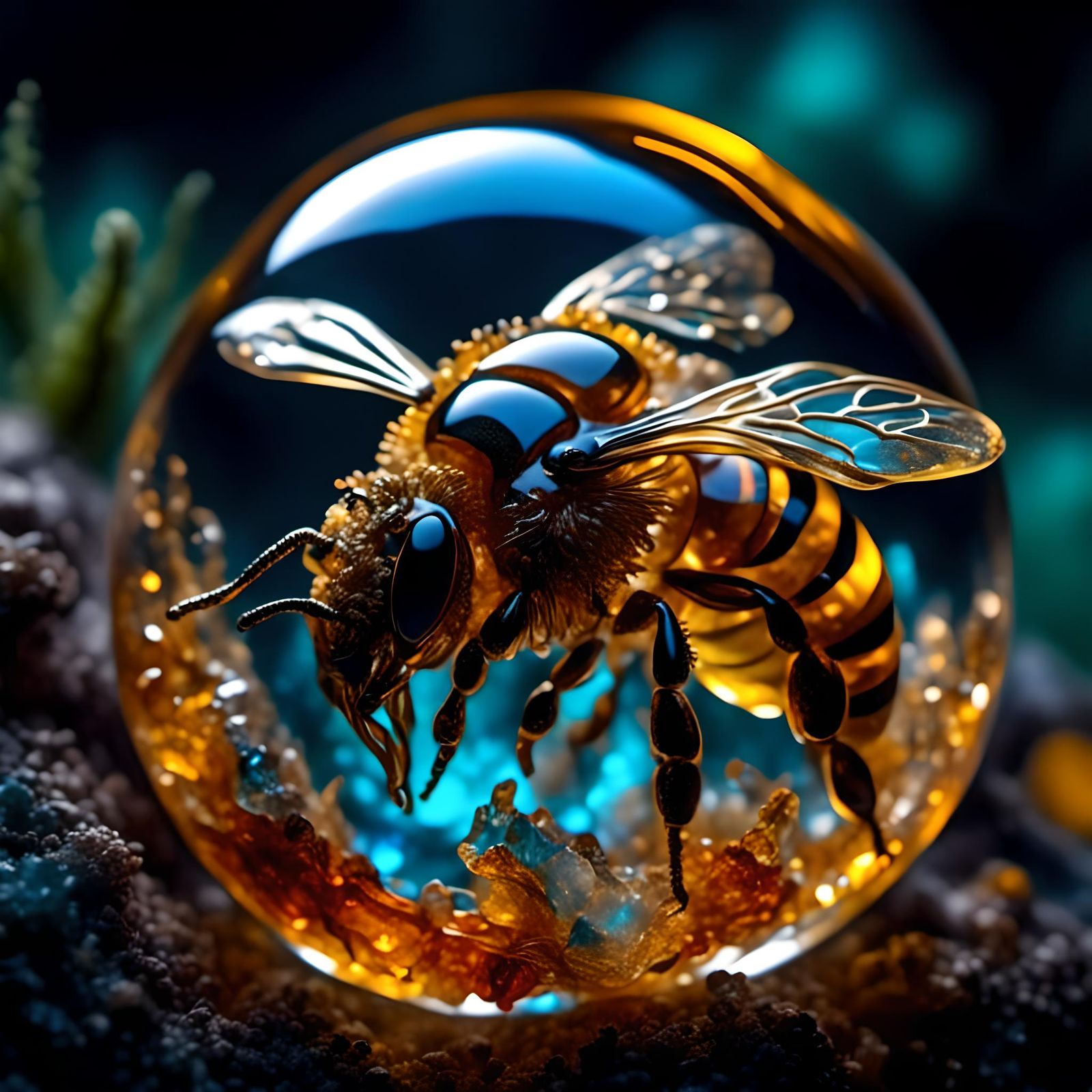 Bee Frozen in Amber Sphere