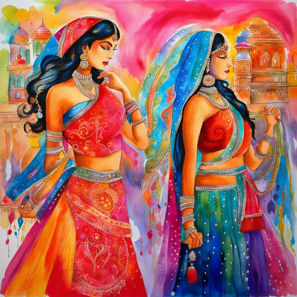 Vibrant Indian Traditions in Watercolor Art Brut Style