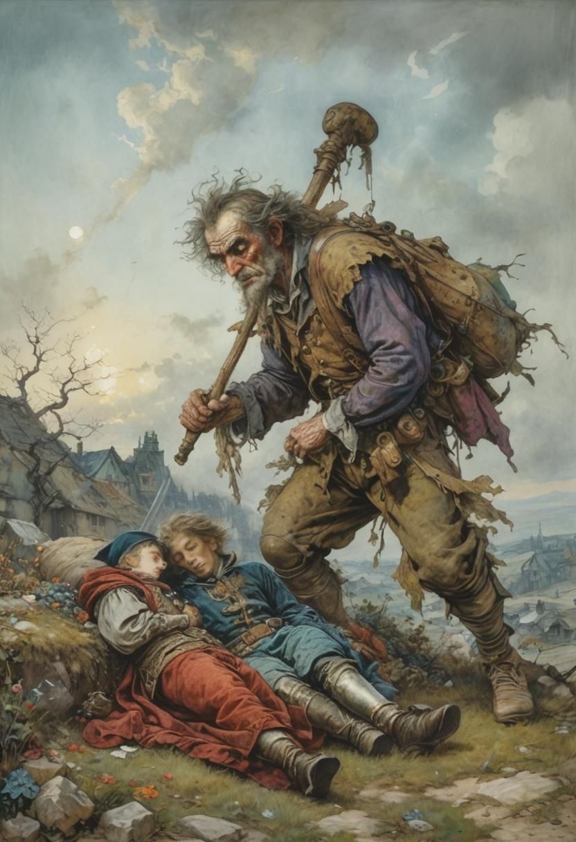 Hyperdetailed Knight and Man Asleep in Rackham Style