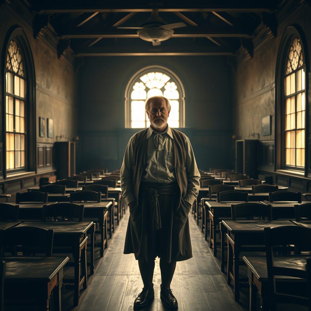 Man in Antique Classroom in Rembrandt Lighting