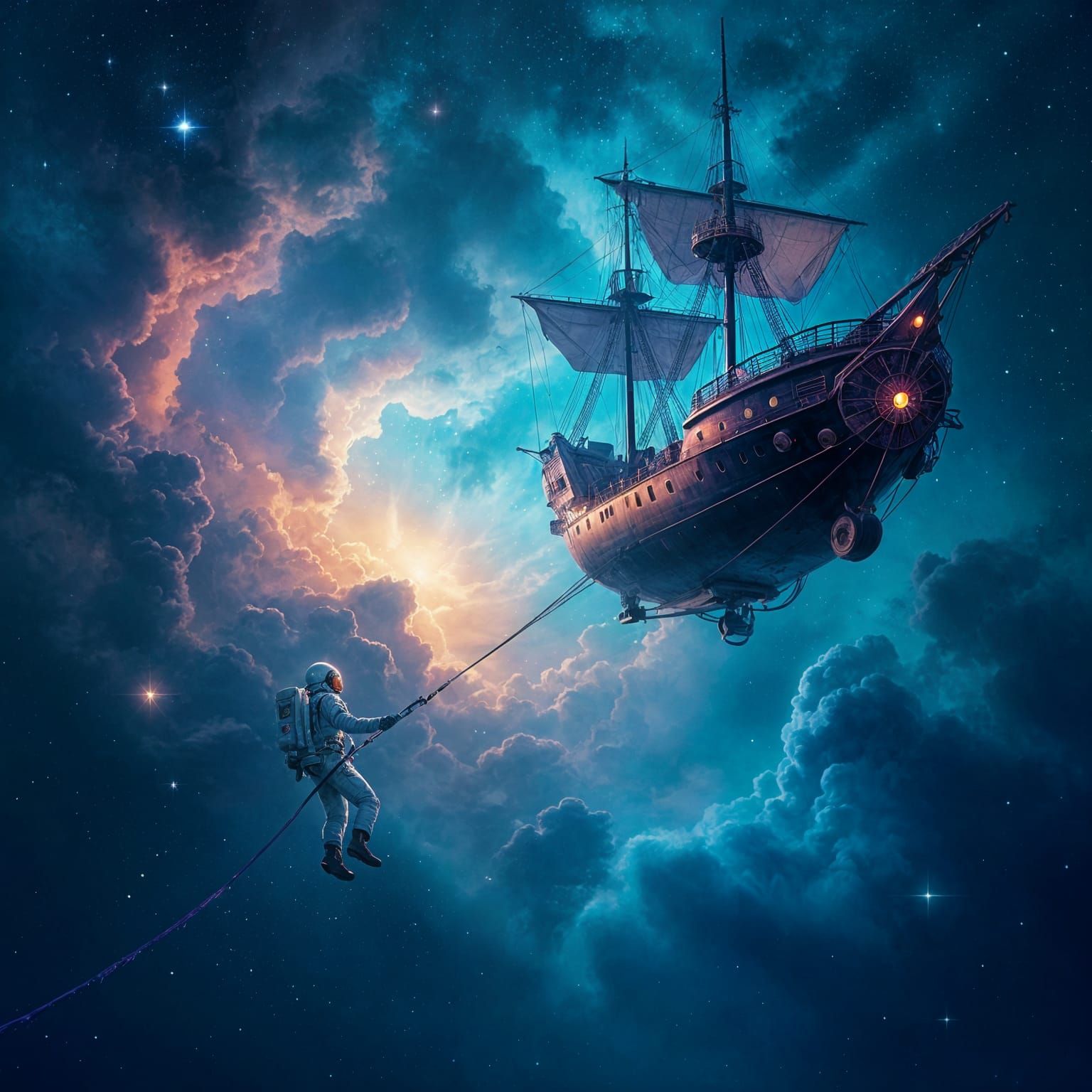 Astronaut Adrift in Nebula with Steampunk Airship