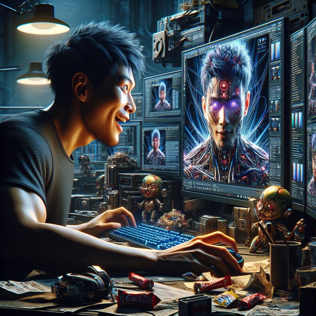 Excited Computer Enthusiast with AI Art, Concept Art Style