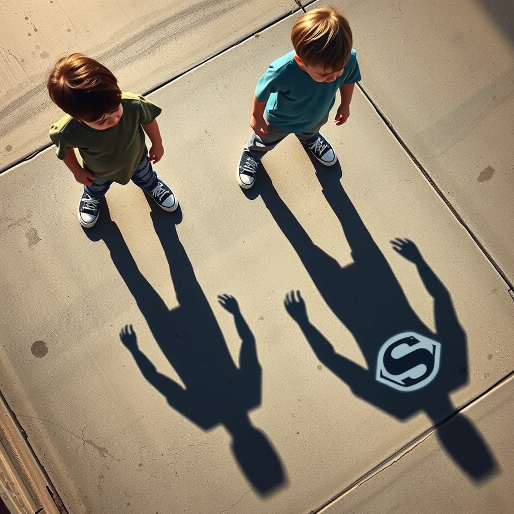 Two Boys' Shadows Cast a Superhero Rivalry on a Sunny Day