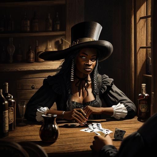 A stunning photorealistic black lady playing cards in Wild West saloon. Chiaroscuro.