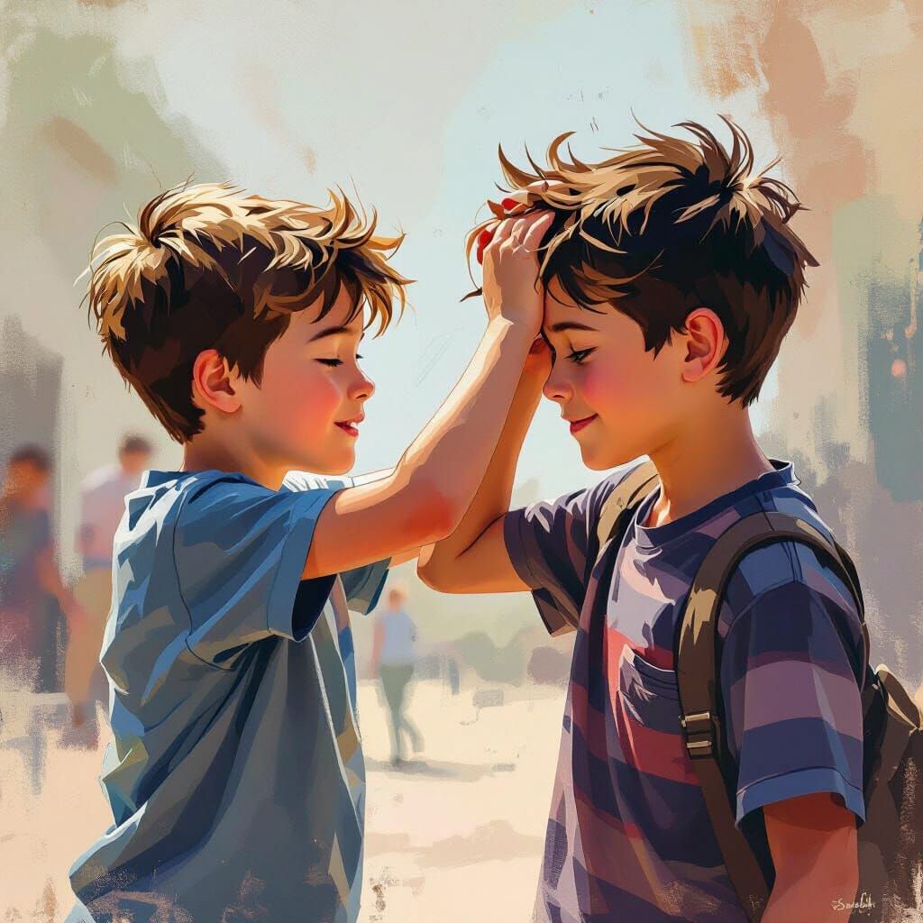 Playful Noogie Scene in Painterly Style