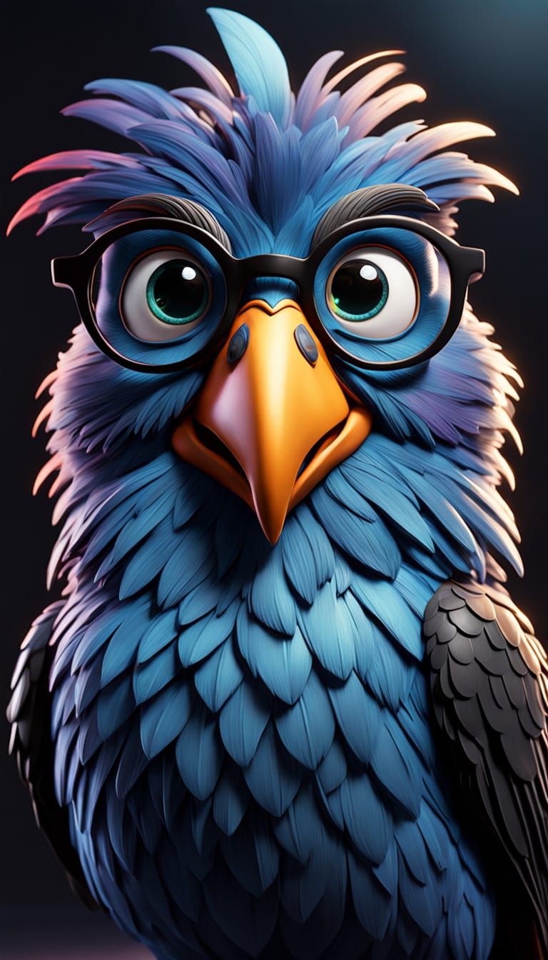 Cute Nerd Bird in Disney Style with Big Eyes and Round Glass...
