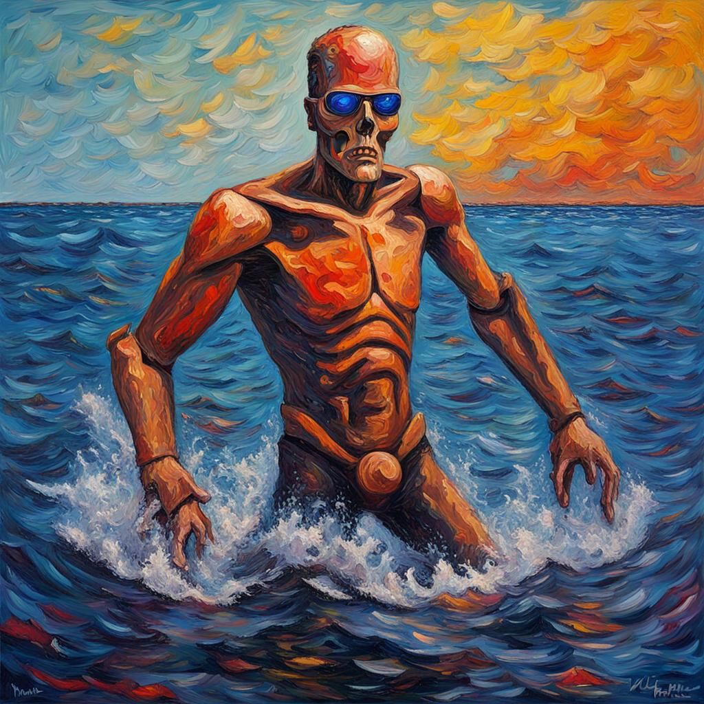Terminator Swimming: An Expressionist Oil Painting