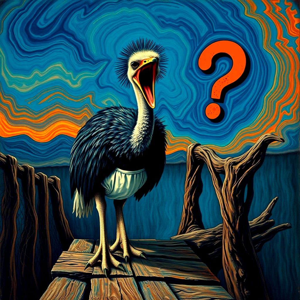 An intensely emotive anthropomorphic screaming ostrich weari...