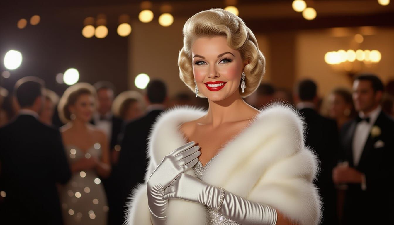 Doris Day at 1955 Hollywood Premiere in Sequin Gown