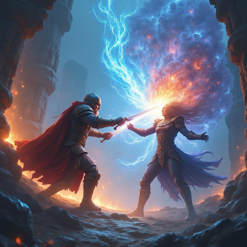 Epic Magic Duel: Swordsman vs. Mage in Fantasy Realm