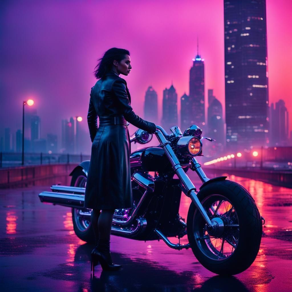 Futuristic Woman and Motorcycle on the Coast