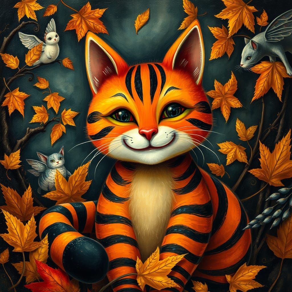 Smiling Plush Halloween Cat in Folk Art Style