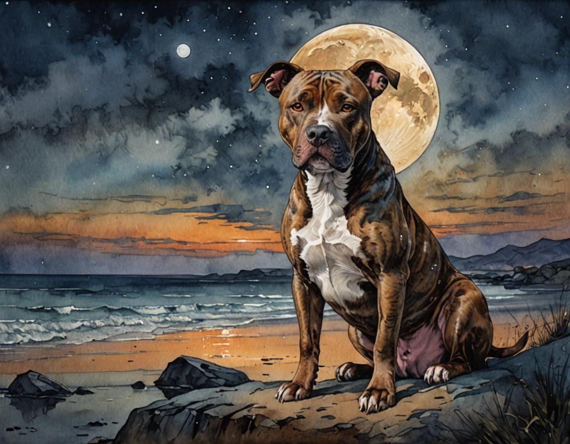 Brindle Pitbull Under Moonlight: Watercolor Concept Art