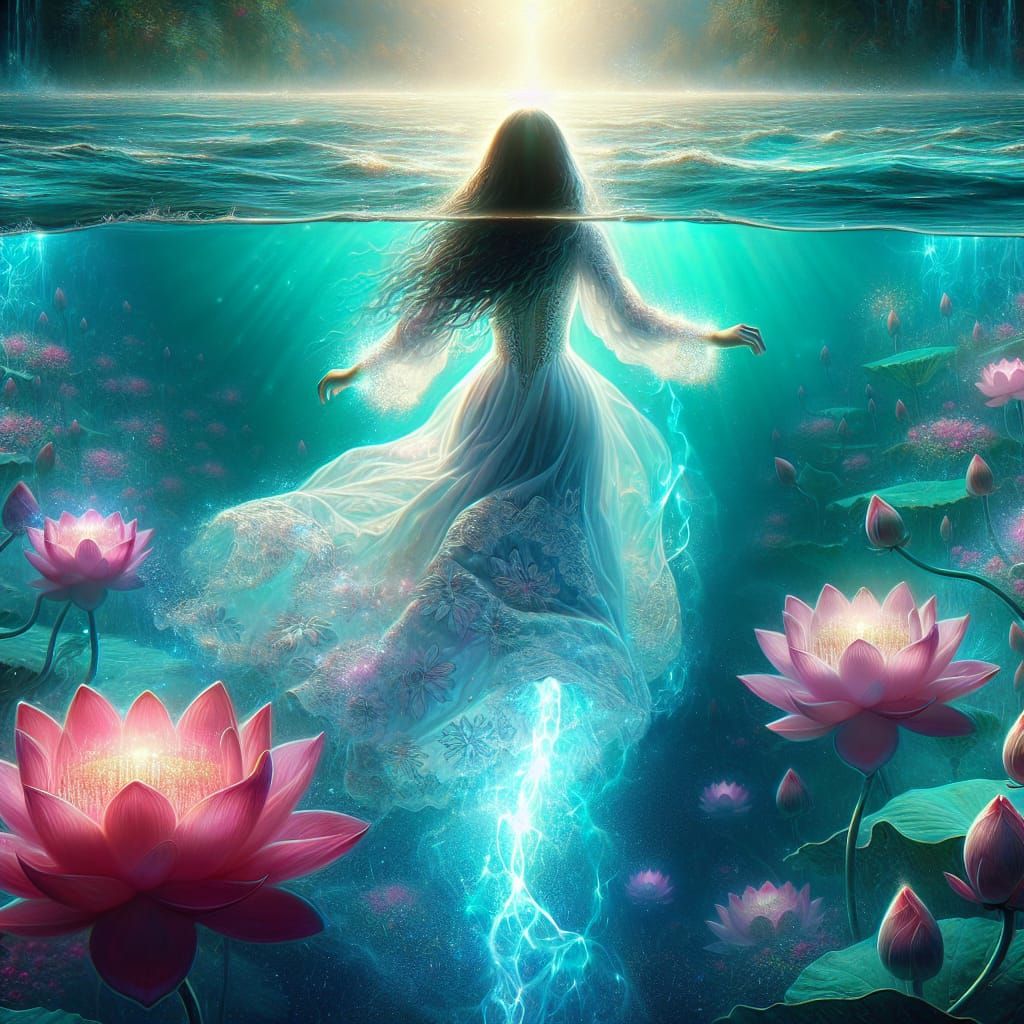 Ethereal Girl in a Glowing White Dress Amidst Turquoise Wate...