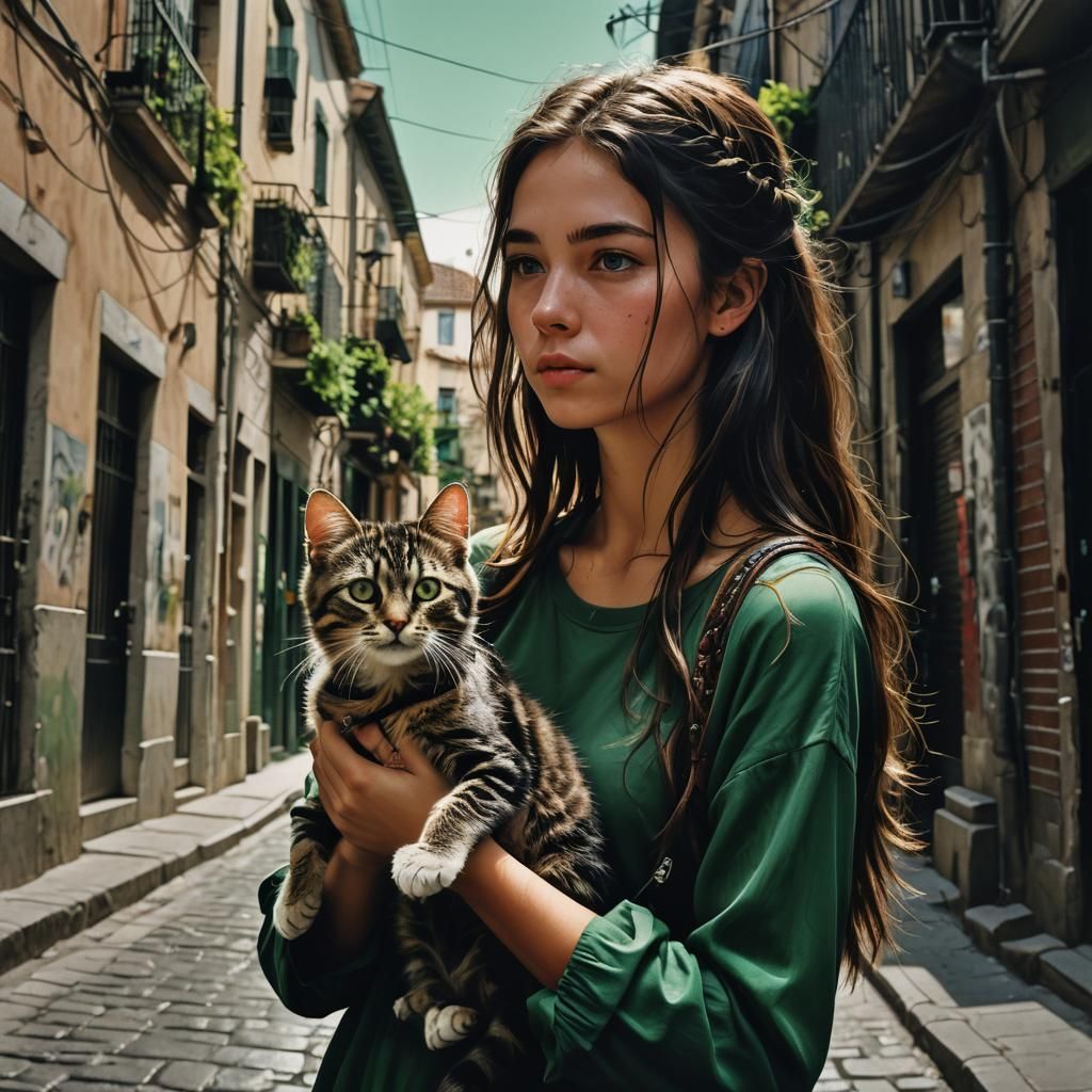Girl Holding Kitten in City Street