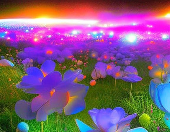 Glowing Bioluminescent Flowers Field at Night