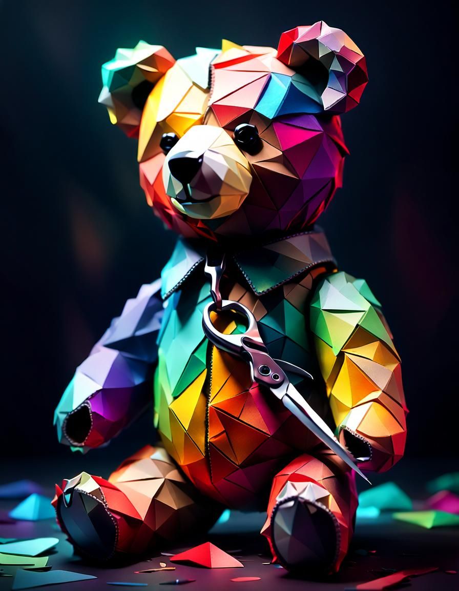 Dreamcore Teddy Bear with Scissors in Low-Poly Art