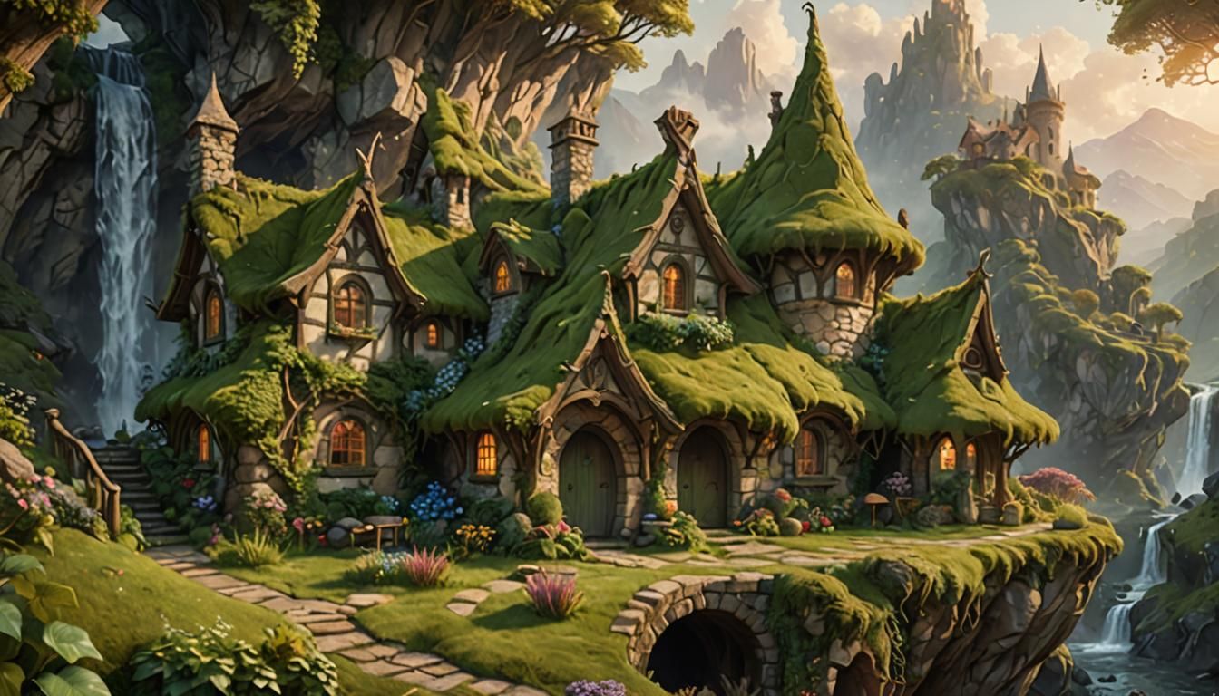 Enchanted Elven Cottage by Waterfall in Oil Painting Style