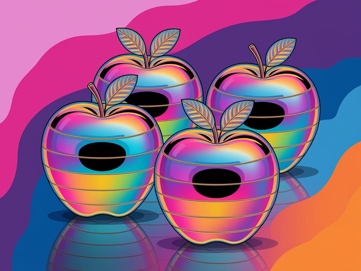 Holographic Apples with Iridescent Reflections in Neon Color...