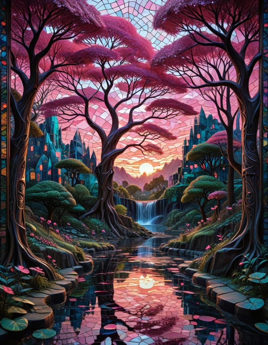 Elven Forest City at Sunset: Geometric Mosaic