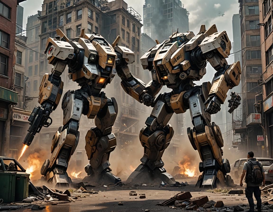 Mecha Battle in Post-Apocalyptic Cityscape