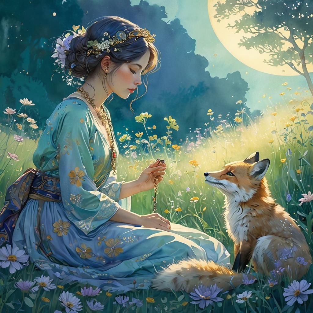 Japanese Girl and Fox in Klimt-Mucha Style