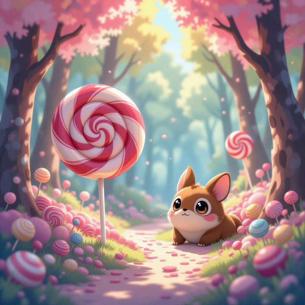 Whimsical Candy Forest with Curious Creature