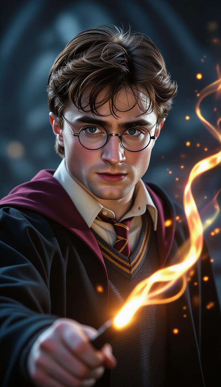 Harry Potter Weaving Magic in a Dramatic Scene