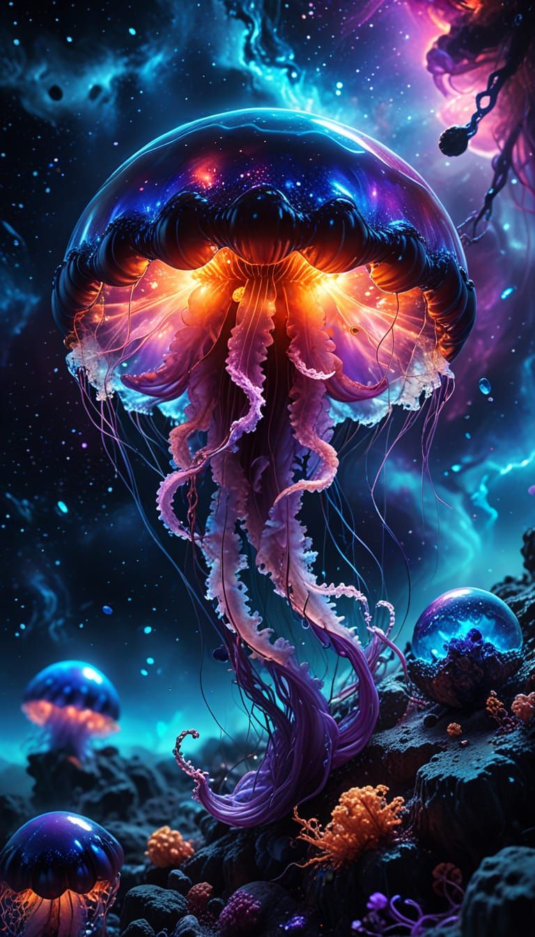 Glowing Cosmic Jellyfish Drifts Through Iridescent Nebula