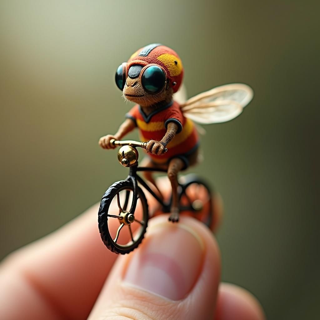 Flea Cyclist on Human Finger in Storybook Style