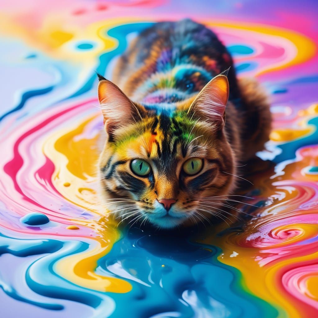 Surreal Cat Melts Into Vibrant Luminescent Puddle