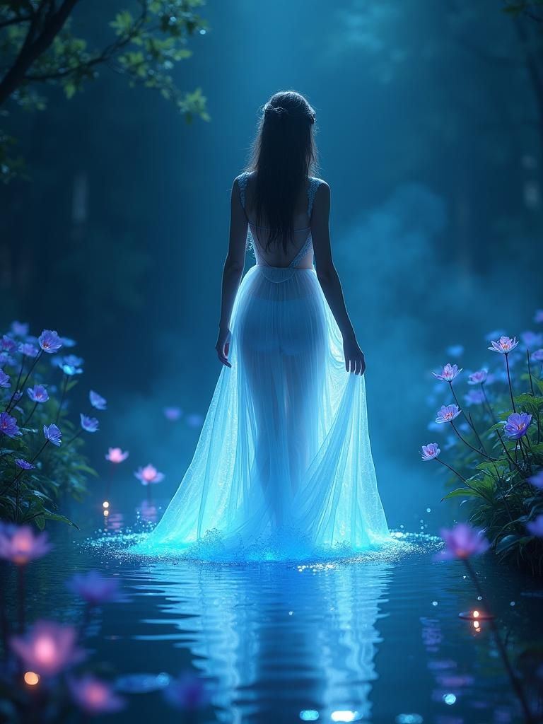 Ethereal Water Nymph in Moonlit Garden Pond
