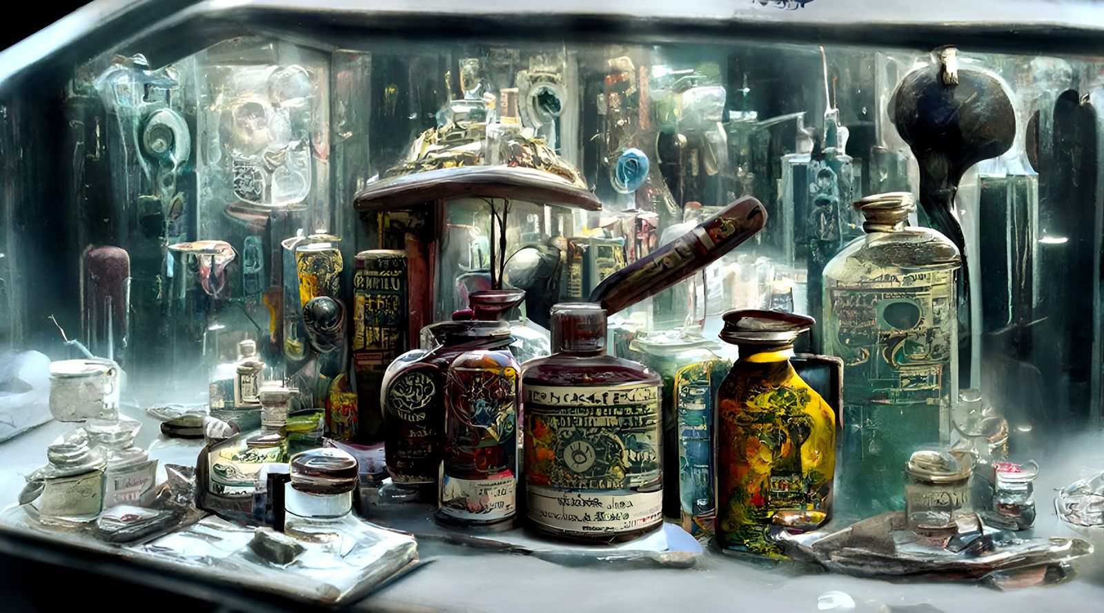 Colorful Dieselpunk Apothecary with Spilled Potions