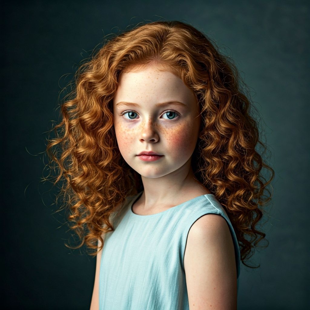 Young girl with long curly red hair,