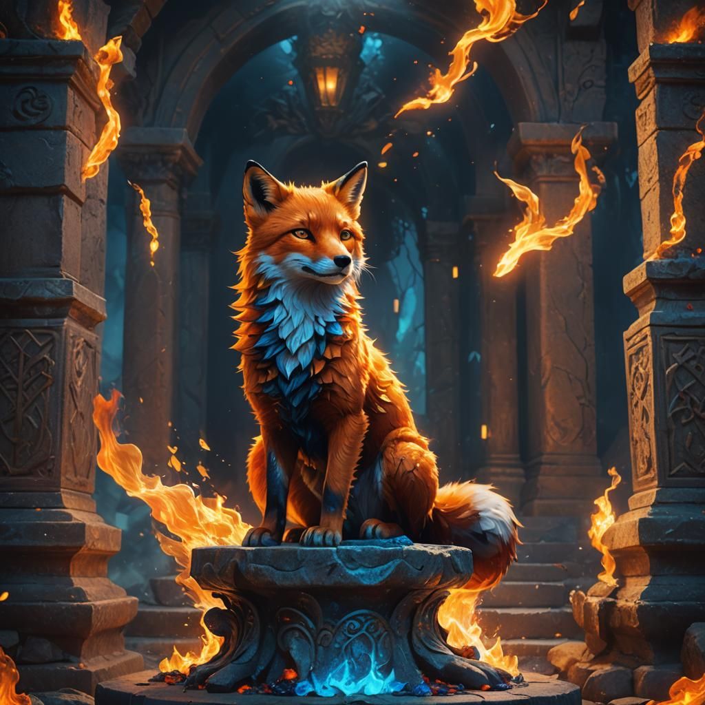 Flaming Fox on Mystical Pedestal, Fantasy Concept Art