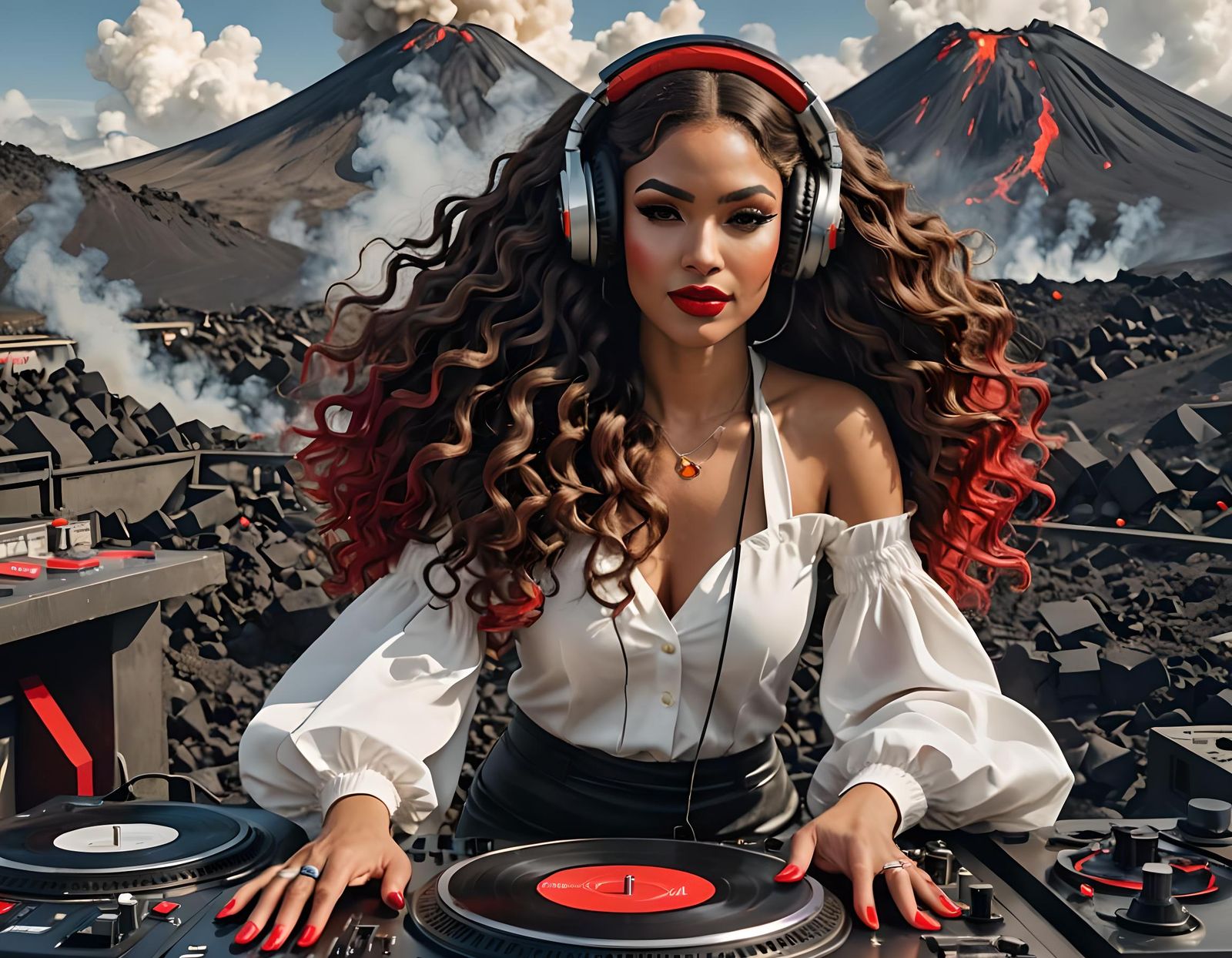 Confident DJ Commands Turntable with Volcanic Backdrop