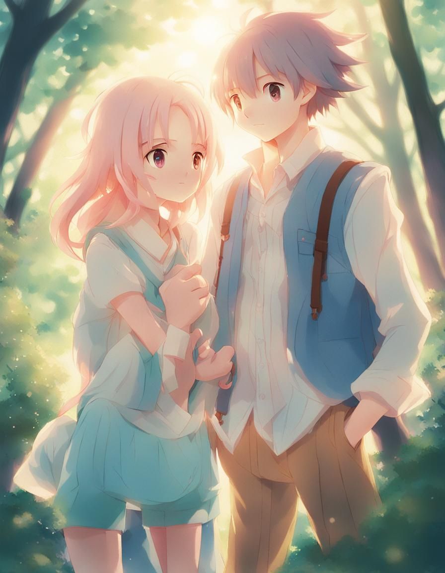 Serene Anime Friends in Whimsical Forest Scene