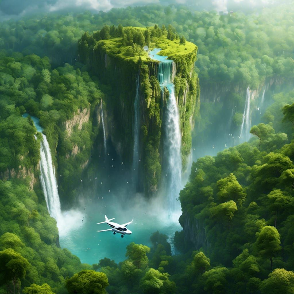 Plane on Cliff Edge Overlooking Forest Waterfalls