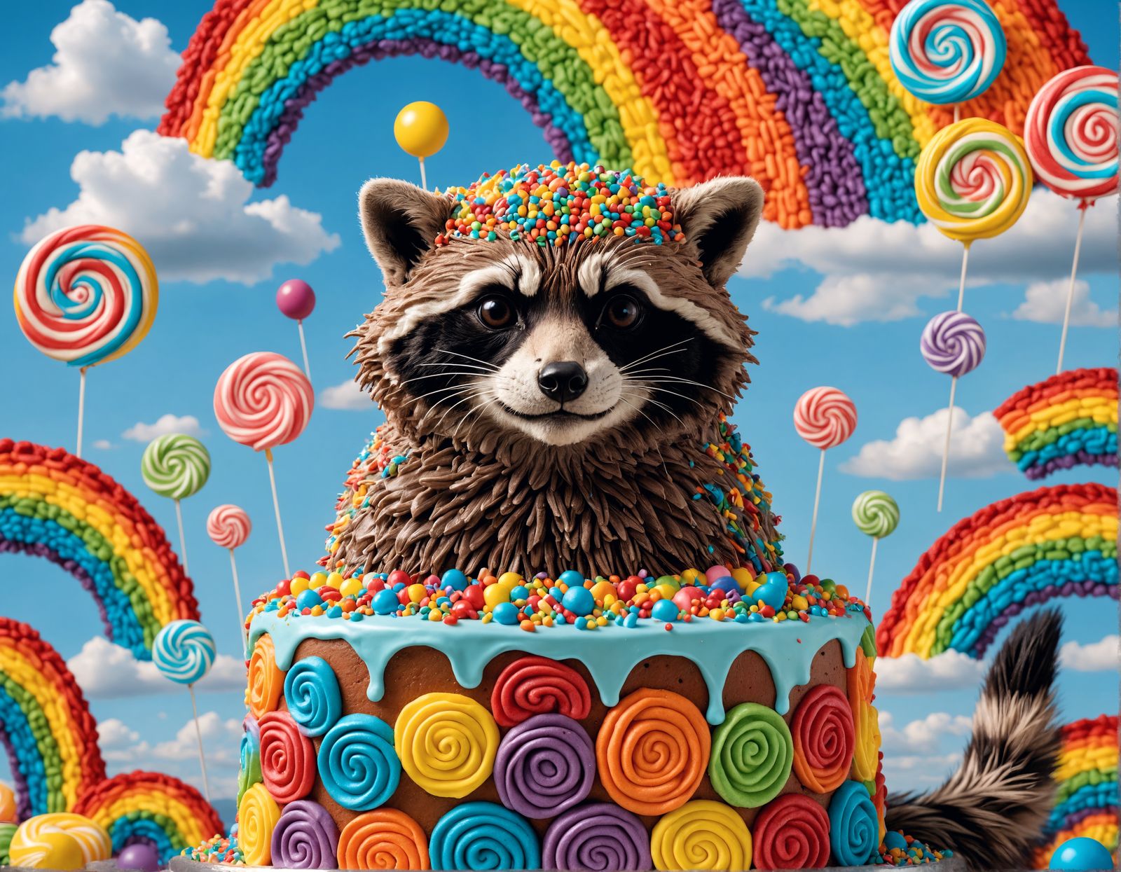 Rainbow Raccoon Cake with Ostrich Girl