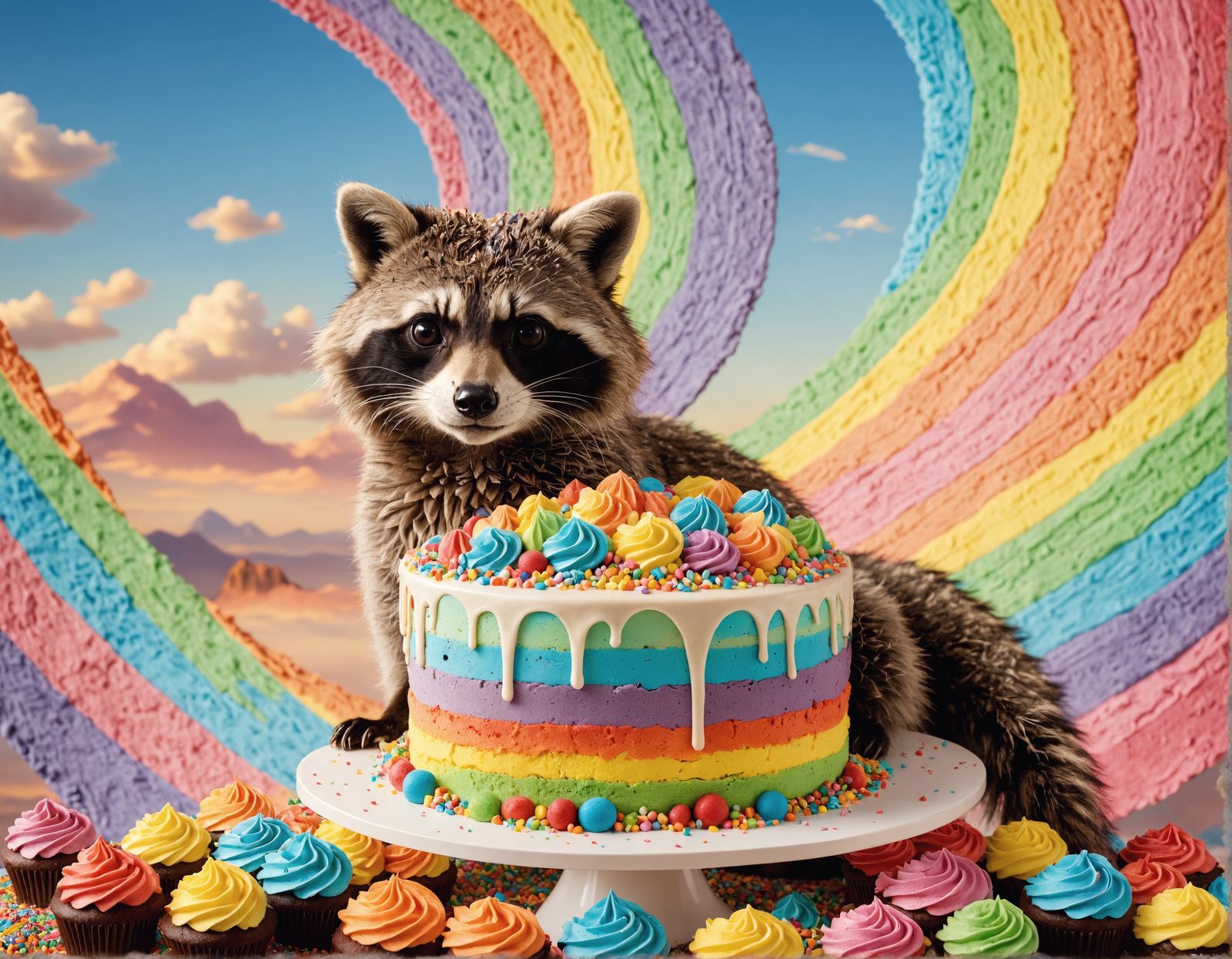 Rainbow Raccoon Cake with Ostrich Girl